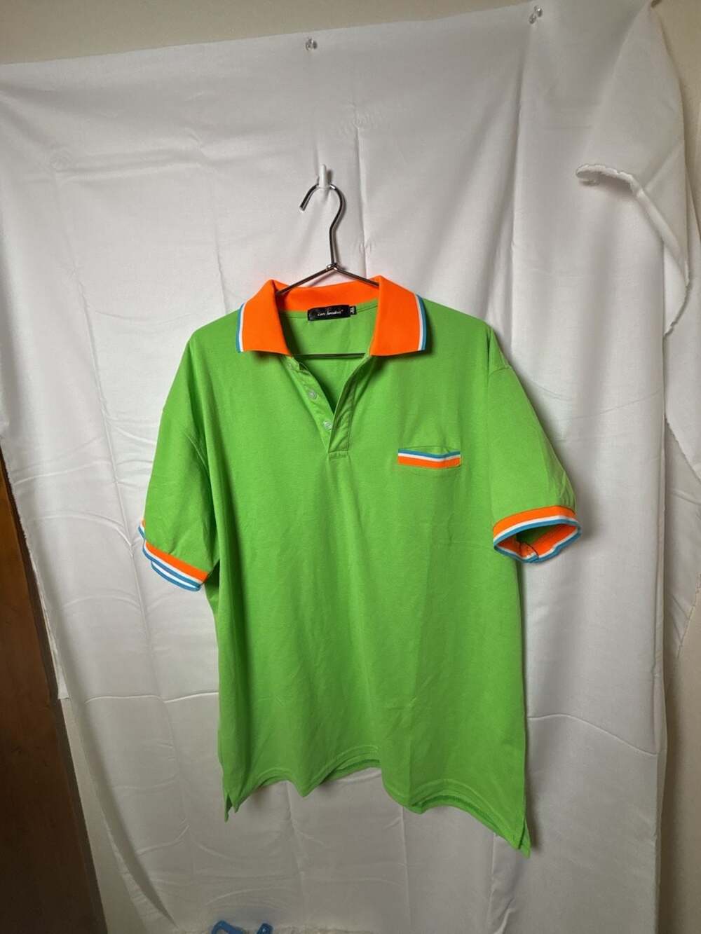 Lars Amadeus Men's Neon Green Polo Shirt with Orange Striped Trim